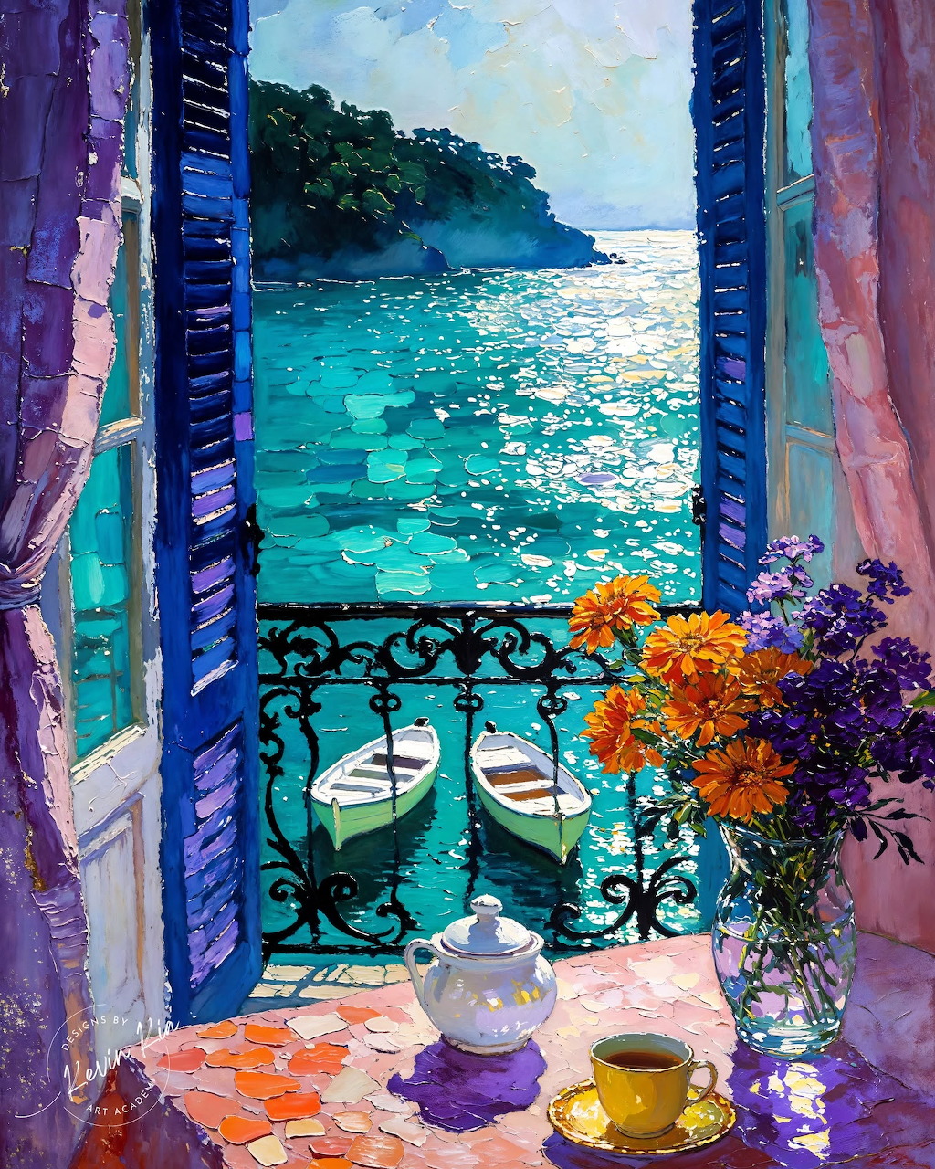 Painting of an ocean view through open shutters with two boats, balcony flowers, and a tea set