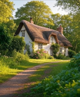 White cottage with thatched roof surrounded by green trees and garden path