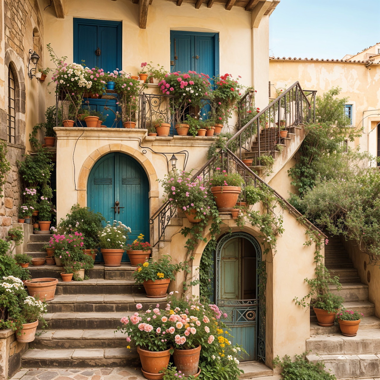 Mediterranean house courtyard with blue doors, stone stairs, and abundant potted flowers on multiple levels