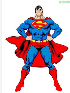 Superhero in blue suit, red cape and boots standing with hands on hips