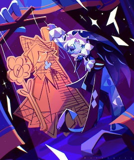 Stylized blue anime character facing an orange mirrored figure in a purple abstract scene