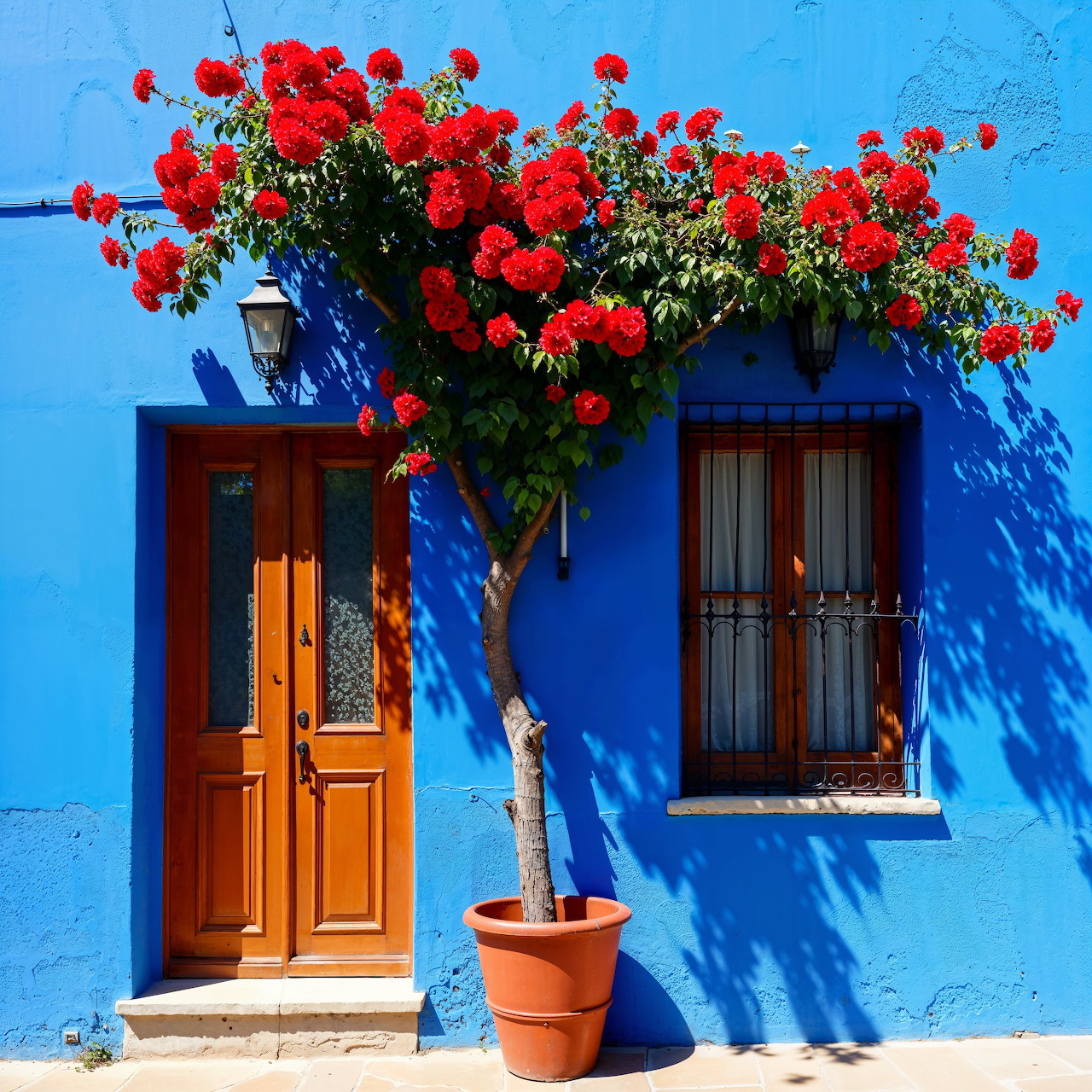 Bright blue house wall with wooden door, window, and red flowers in pot