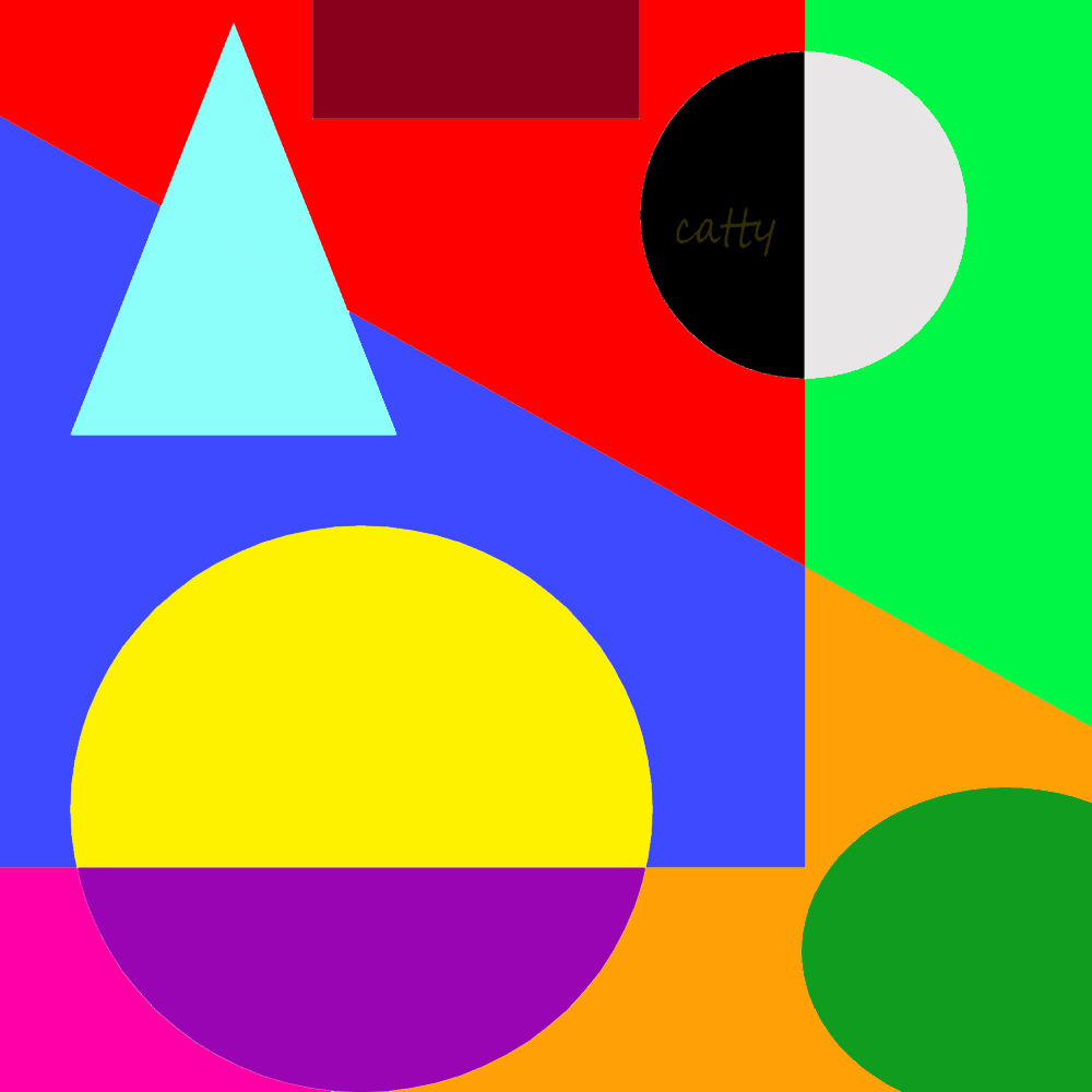Abstract geometric shapes in bright colors including triangles, circles, and rectangles arranged on multicolored background