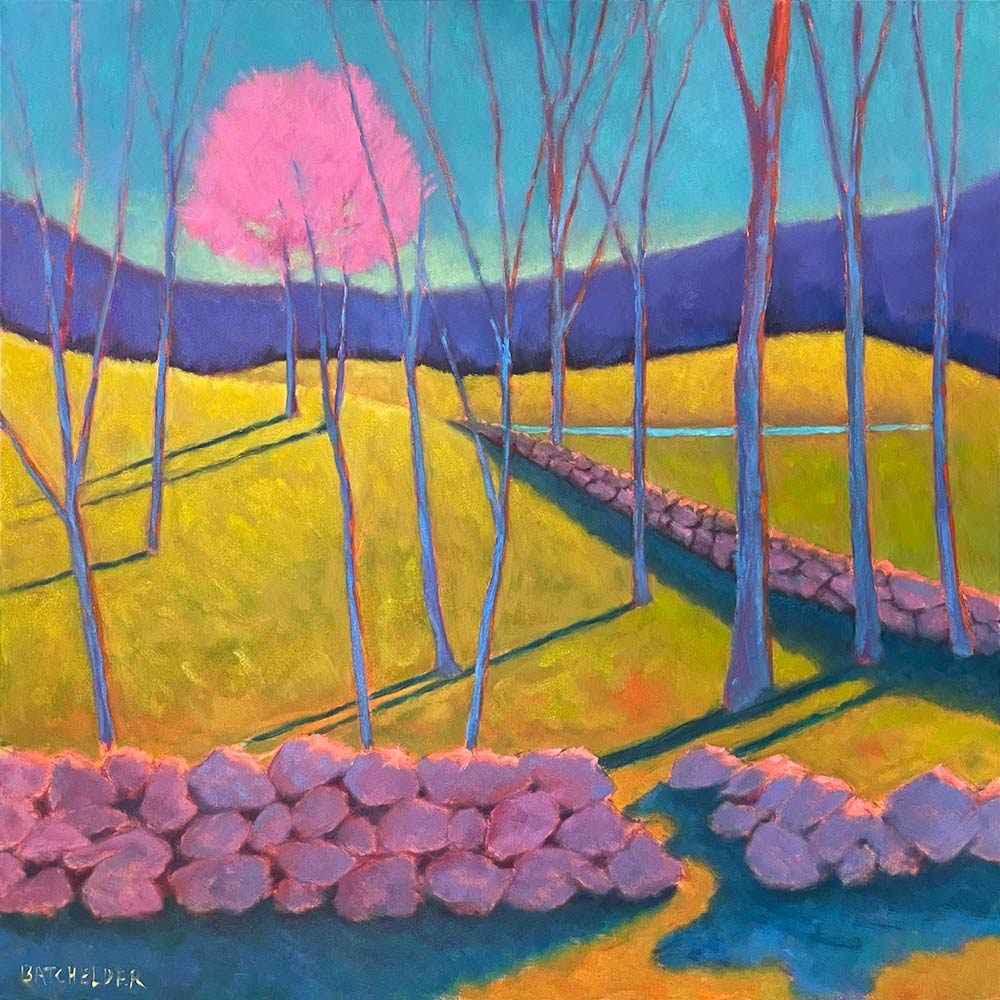 Colorful painting of pink tree beside pond with purple reflections and golden meadow through bare tree trunks