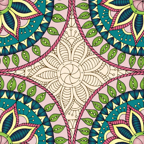 Detailed symmetrical mandala with ornate floral center, curved leaf patterns, and decorative geometric borders in teal and pink