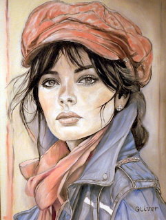 Watercolor portrait of a woman with dark hair wearing a red beret, pink scarf, and denim jacket