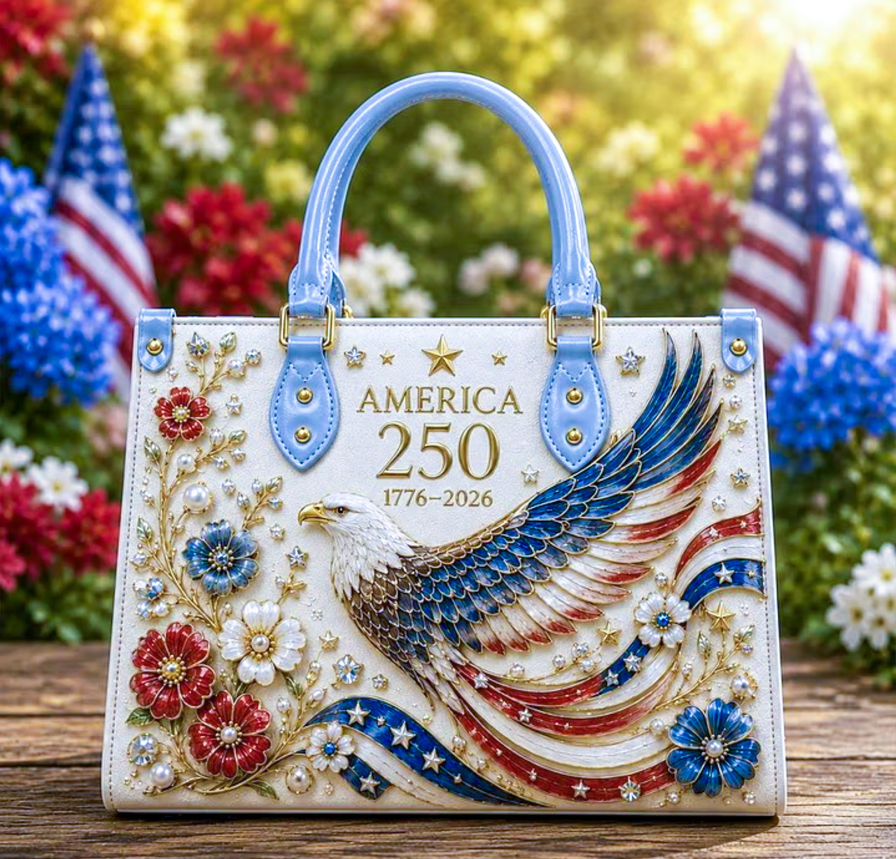 Patriotic handbag with America 250 text, eagle artwork, flowers, and U.S. flags in the background