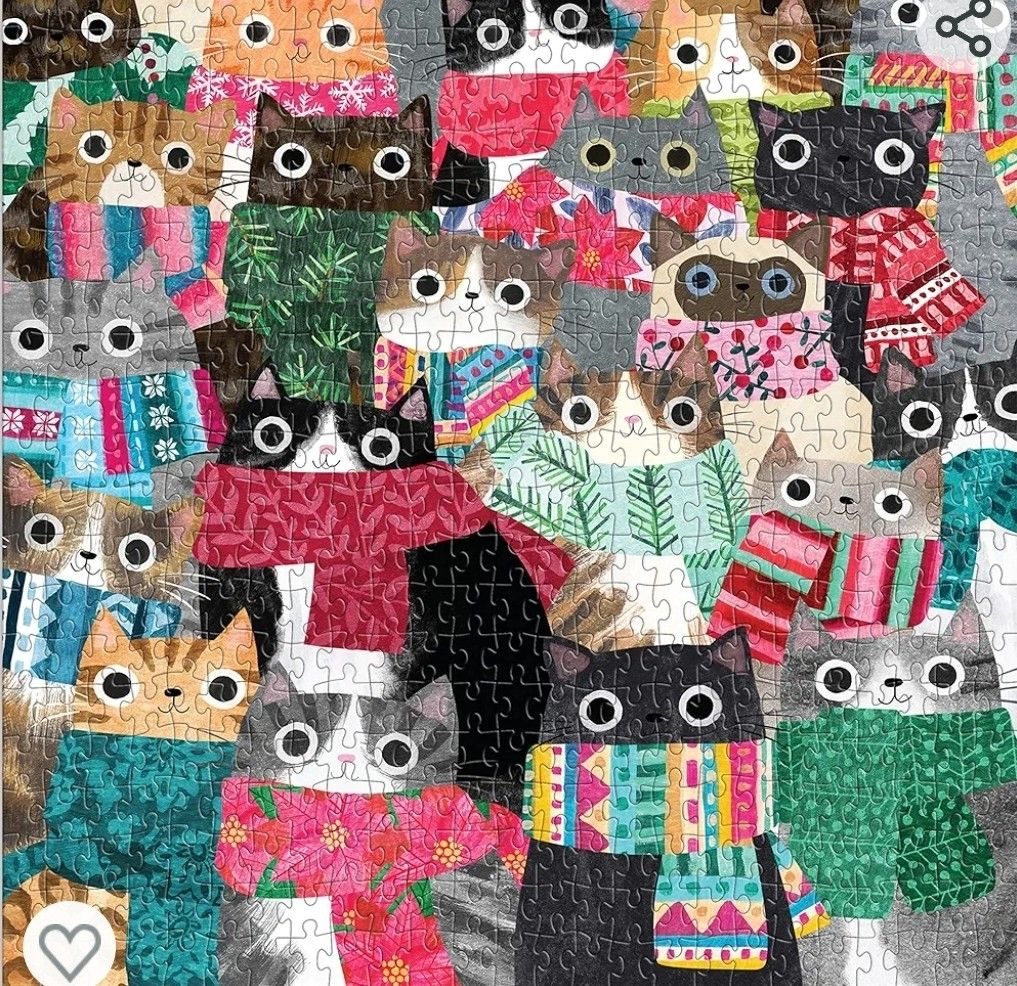 Colorful patchwork illustration of many big-eyed cats in patterned scarves and sweaters