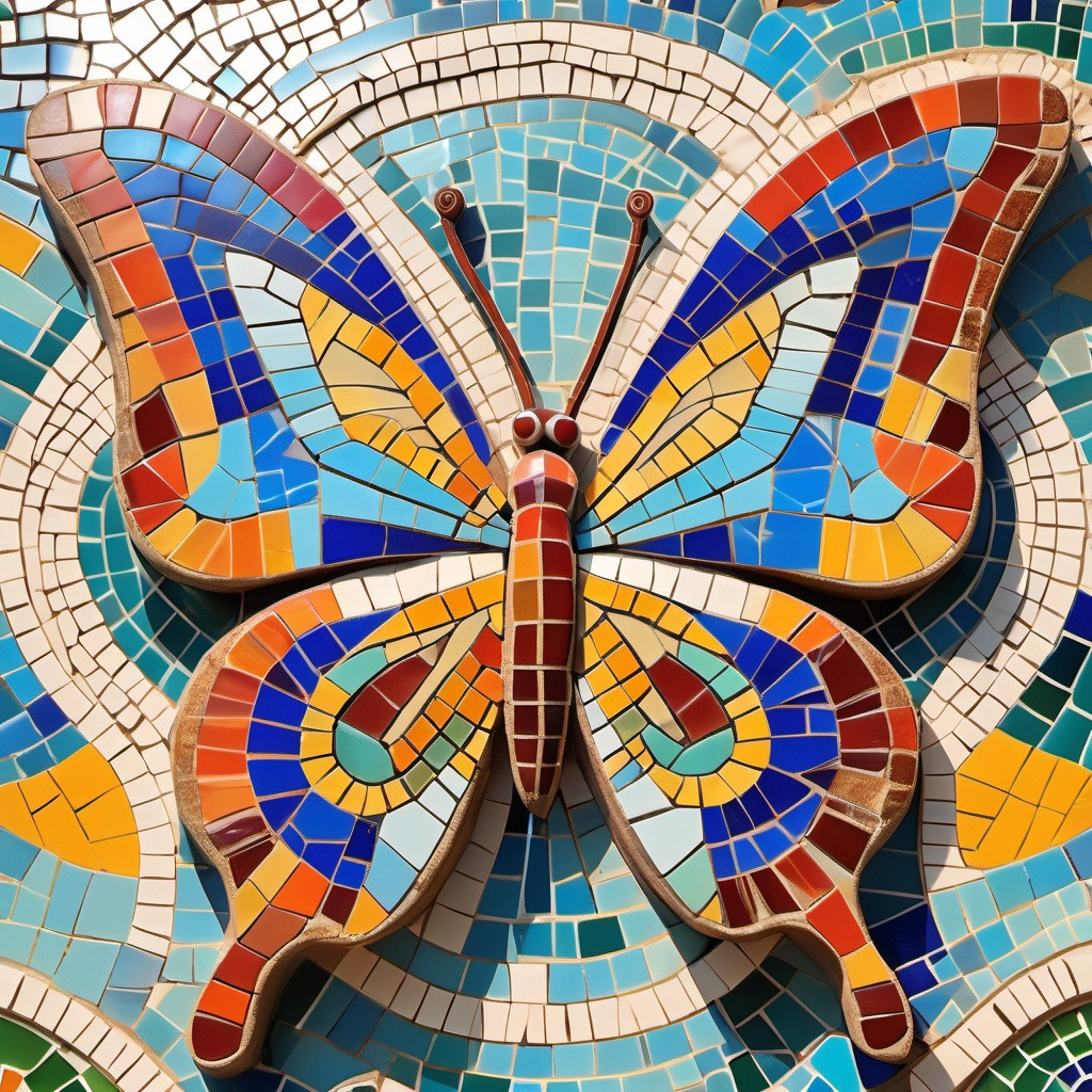 Colorful butterfly made from ceramic mosaic tiles on a patterned wall