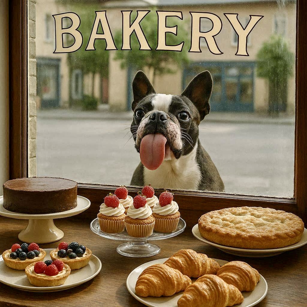 Dog looking through a bakery window at cakes, cupcakes, croissants, and fruit tarts