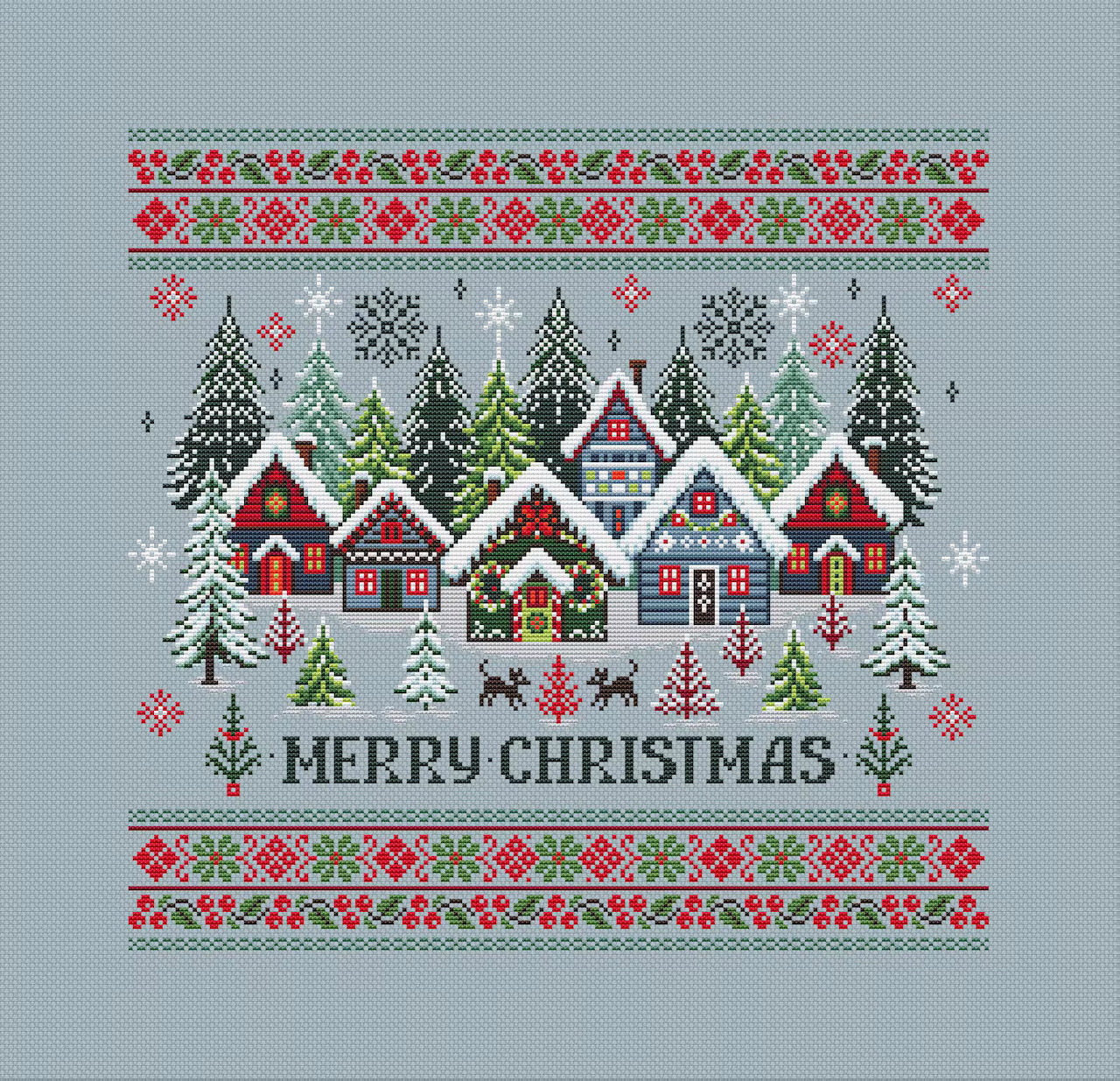Cross-stitch Christmas village with snowy houses, trees, and decorative Nordic borders on gray fabric