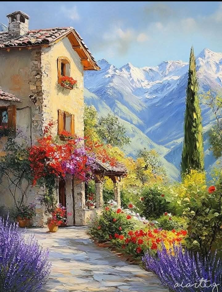 Oil painting of a stone Mediterranean villa with red flowers, lavender, cypress trees, and snow-capped mountains