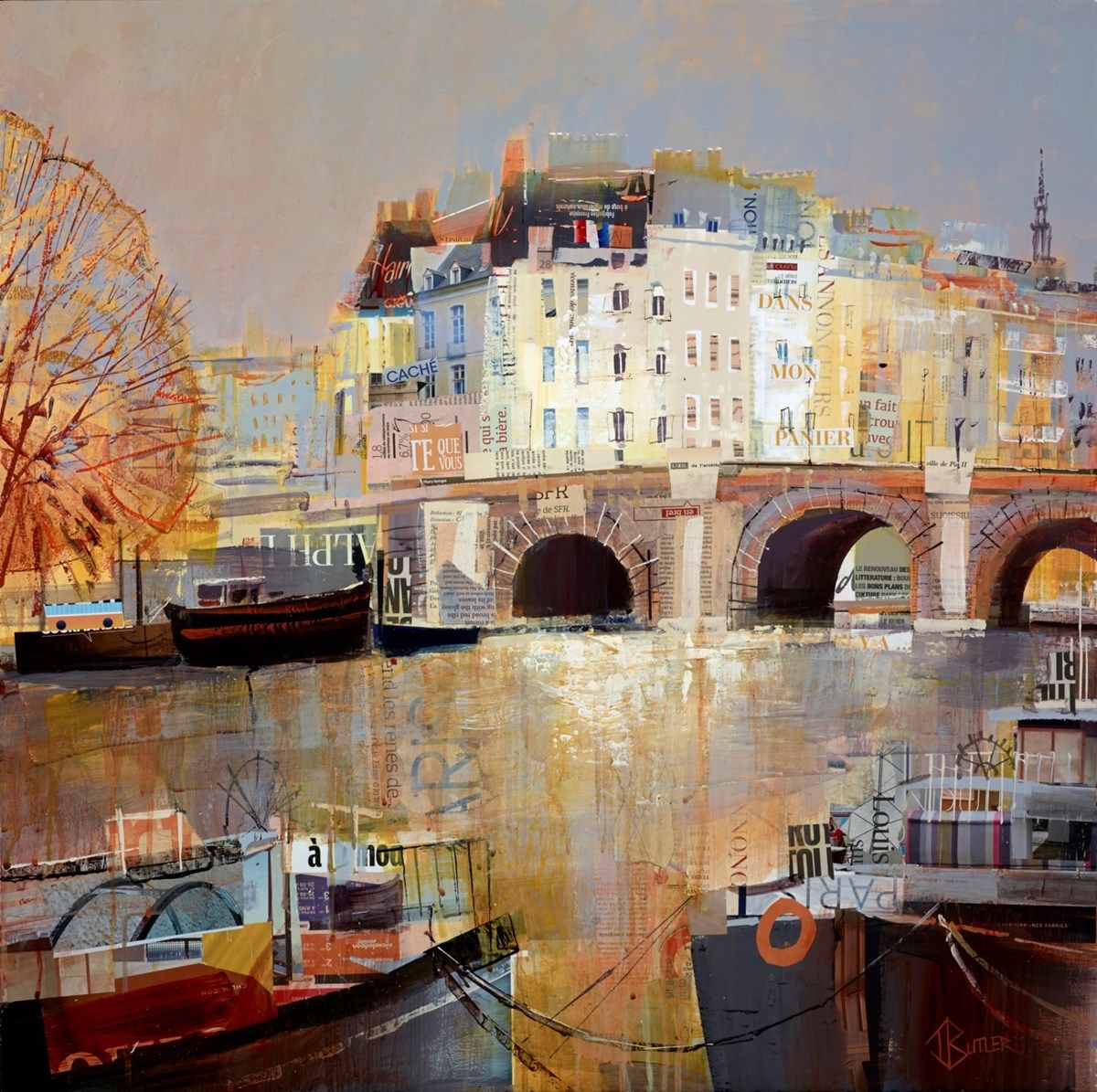 Impressionist painting of Paris bridge and buildings reflected in Seine River with boats