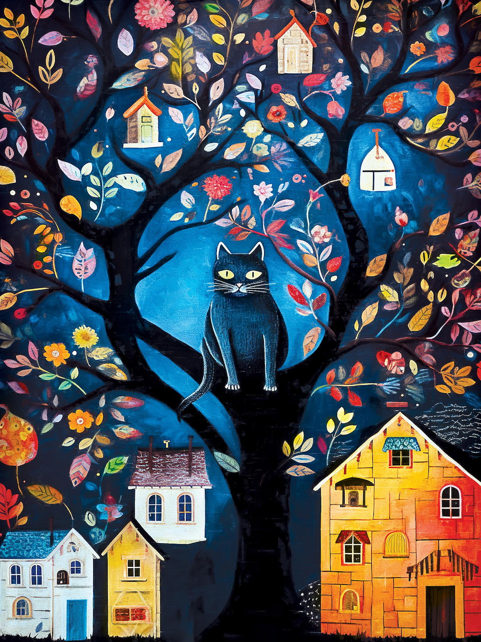 Blue cat in flowering tree above colorful houses at night