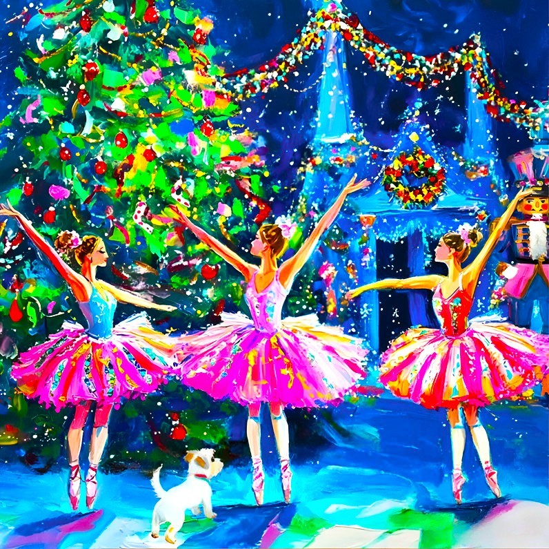 Three ballerinas in pink tutus dancing on stage with Christmas tree and decorations, white dog at their feet