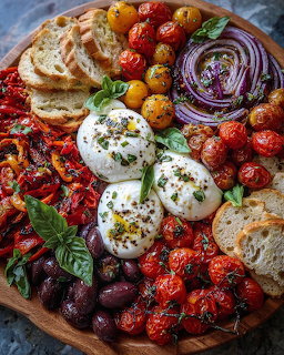 Wooden platter with mozzarella balls, roasted tomatoes, olives, red onion, basil, and bread slices