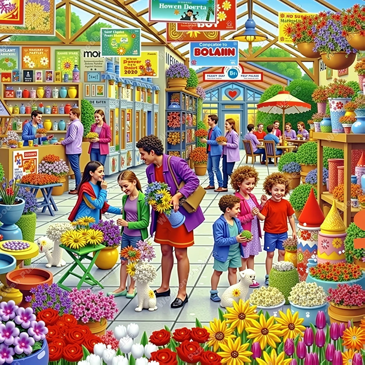 Colorful illustration of people shopping at a bustling village market with flower stalls and shops
