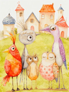 Whimsical illustrated birds with big eyes standing before pastel houses on a grassy hill