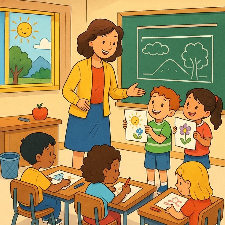 Cartoon teacher presenting to children in a classroom with chalkboard and window
