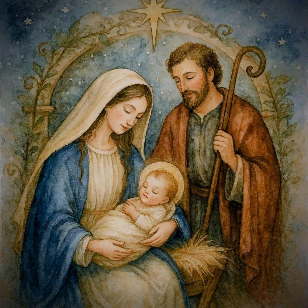 Painted nativity scene with Mary holding baby Jesus, Joseph with staff, Star of Bethlehem above