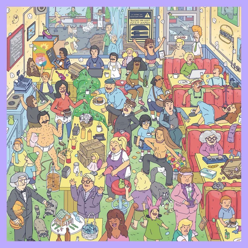 Busy cartoon restaurant filled with many animated characters in a chaotic, colorful scene