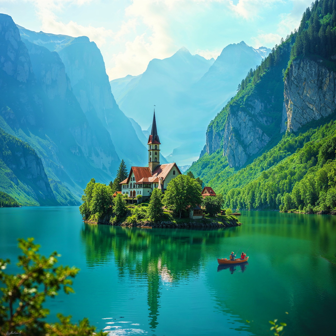 Church on a small island in a turquoise mountain lake with cliffs and a red boat