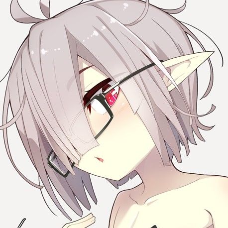 Anime elf girl with silver hair, red eyes, and glasses in close-up profile view