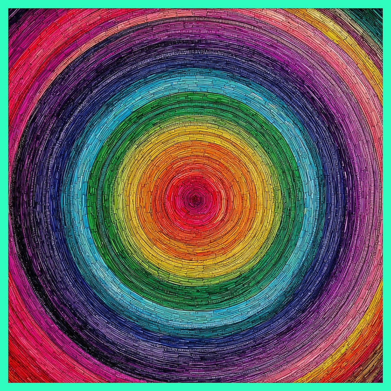 Colorful concentric circles with rainbow gradient and textured brushstrokes radiating from red center outward