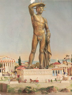 Artistic rendering of the Colossus of Rhodes, a giant bronze statue standing at a harbor entrance in ancient Greece