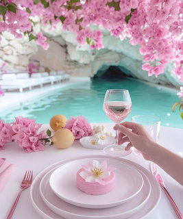 Pink table setting with dessert, wine glass, and turquoise water under hanging blossoms