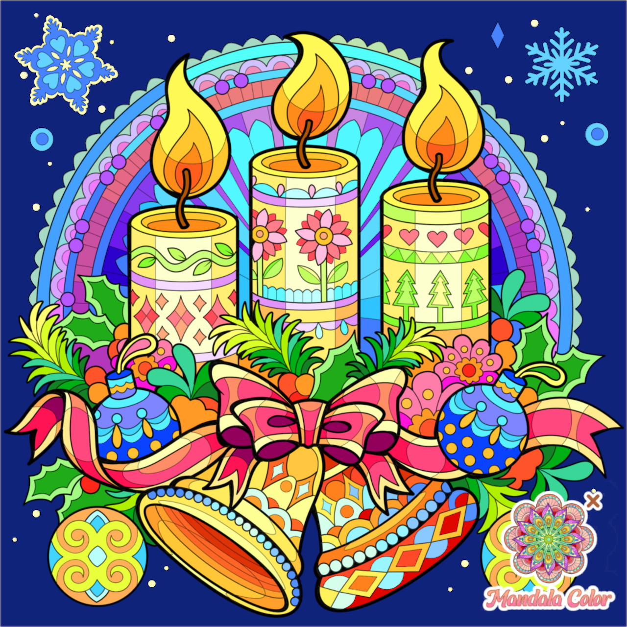 Three ornate candles with holiday decorations, bells, ribbons, and snowflakes in vibrant colors
