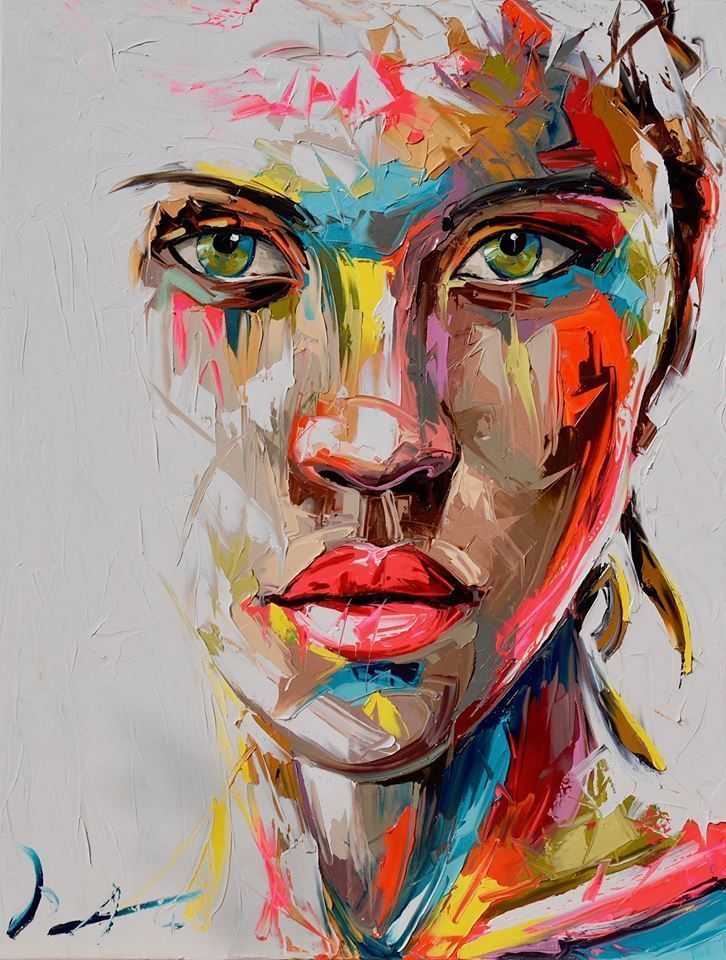Abstract portrait of woman with colorful paint drips in pink, orange, blue and yellow across face