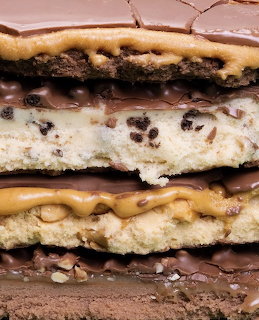Stacked layered dessert bars with chocolate chips, brownie, cheesecake and cookie layers