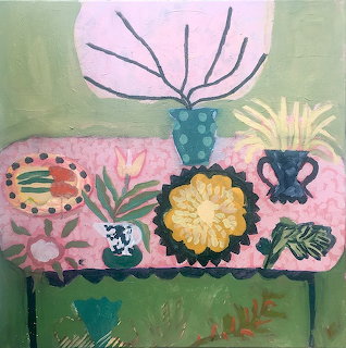 Naive folk art painting of vegetables, flowers and vases on decorated table in pink, green and yellow tones