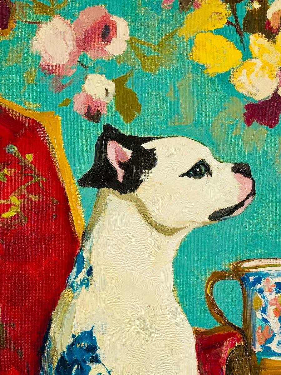 Colorful painting of a white dog in profile with flowers and a patterned teacup