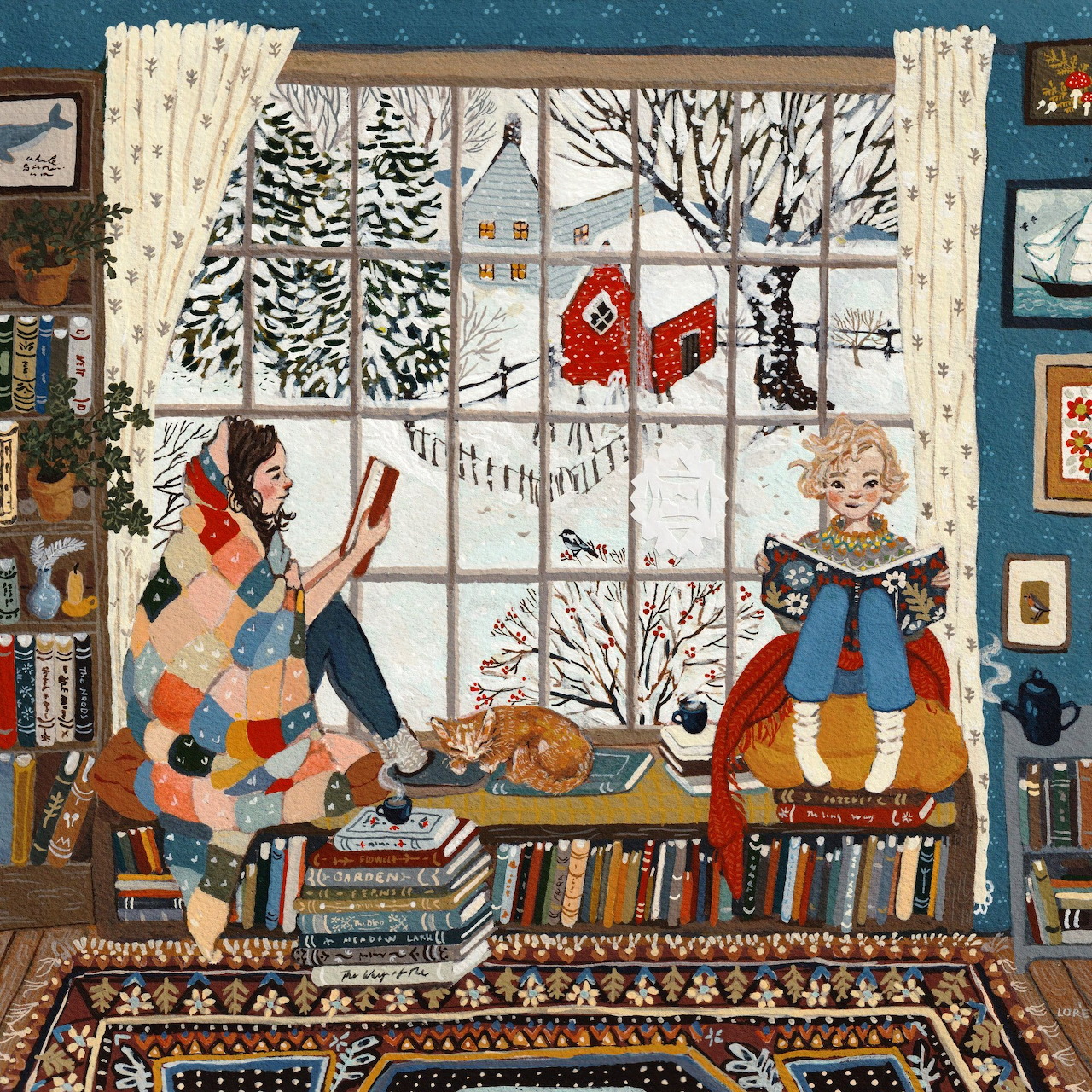 Two children reading books in cozy room with large window showing winter scene outside