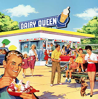 Vintage illustration of people at a Dairy Queen ice cream stand in summer