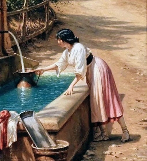 Oil painting of a woman in white blouse and pink skirt fetching water from a stone fountain