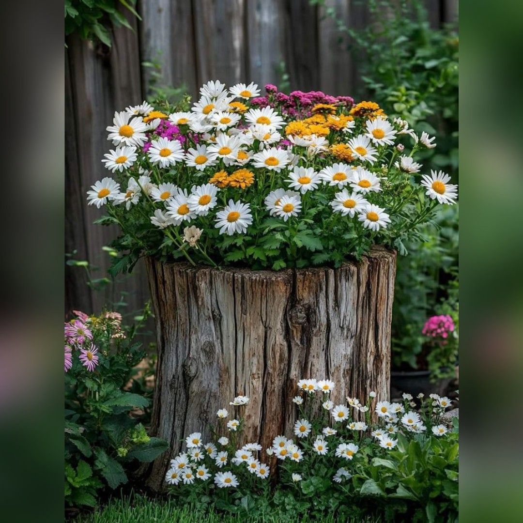 White daisies and flowers arranged on top of an old wooden tree stump surrounded by garden greenery