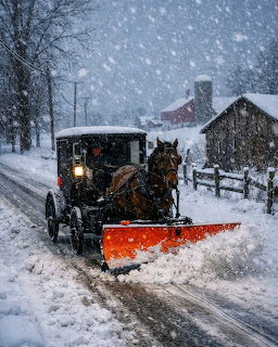 Horse-drawn Amish buggy with orange plow clearing snow on rural road during heavy snowfall