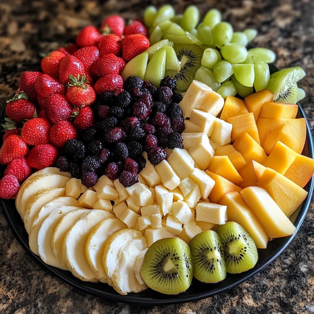 Colorful fruit and cheese platter arranged in circular pattern with strawberries, grapes, kiwi and cheese