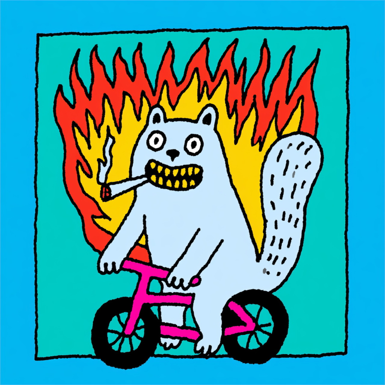 Cartoon white squirrel with bushy tail riding pink bicycle, flames in background on turquoise