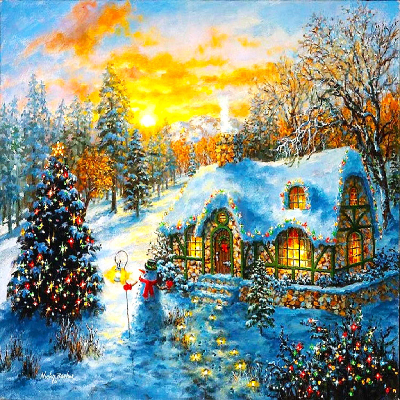 Snow-covered cottage with warm glowing windows in winter sunset scene with Christmas tree and snowy path