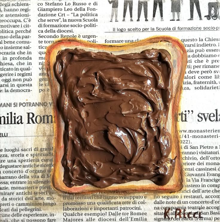 Toast topped with chocolate spread on a newspaper background
