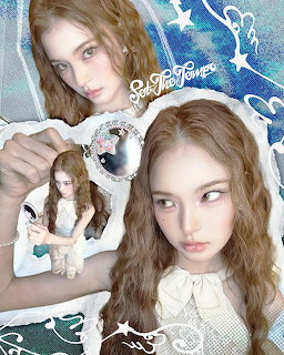 Young woman with long wavy brown hair in white clothing, portrait collage with blue starry background