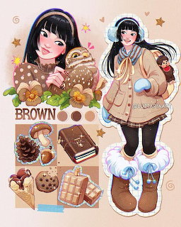 Anime fashion collage of a girl in a brown outfit with an owl, books, cookies, boots, and autumn accessories.