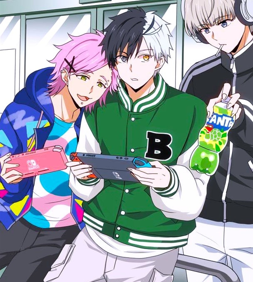 Three anime boys with colorful hair looking at a handheld game console, one in a green letterman jacket