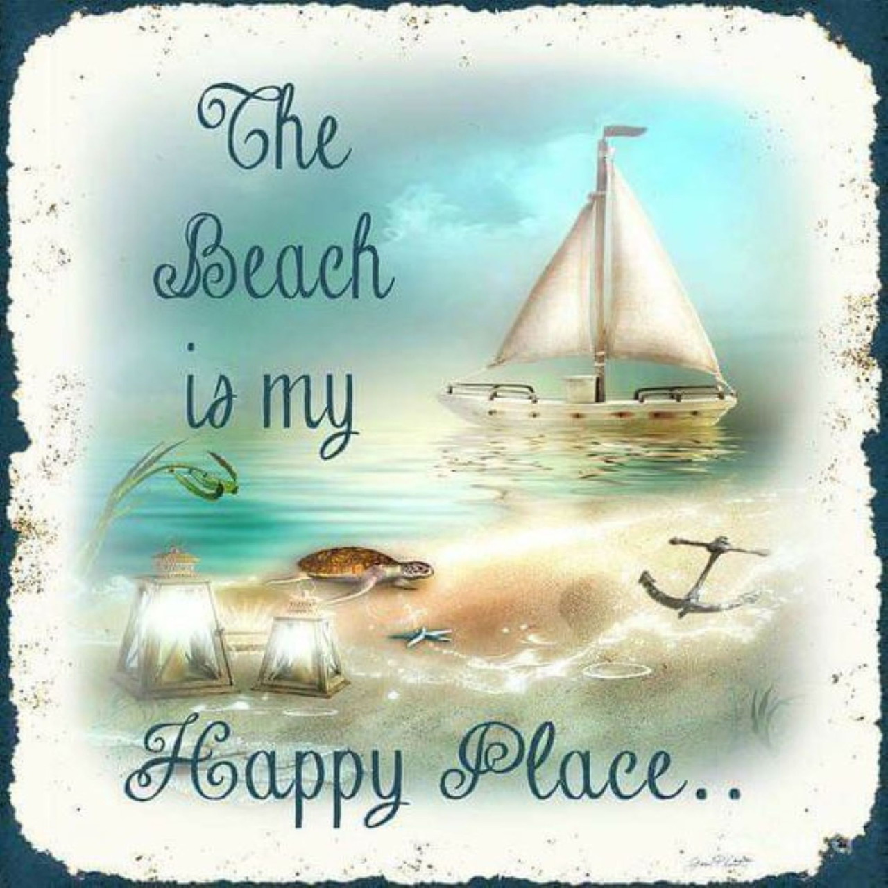 Peaceful beach scene with sailboat, shells, and inspirational beach quote in soft watercolor style