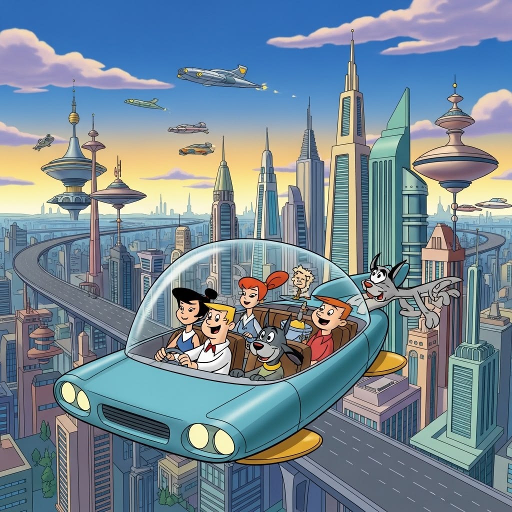 Jetsons family in a flying car soaring over a futuristic city with tall buildings and flying vehicles