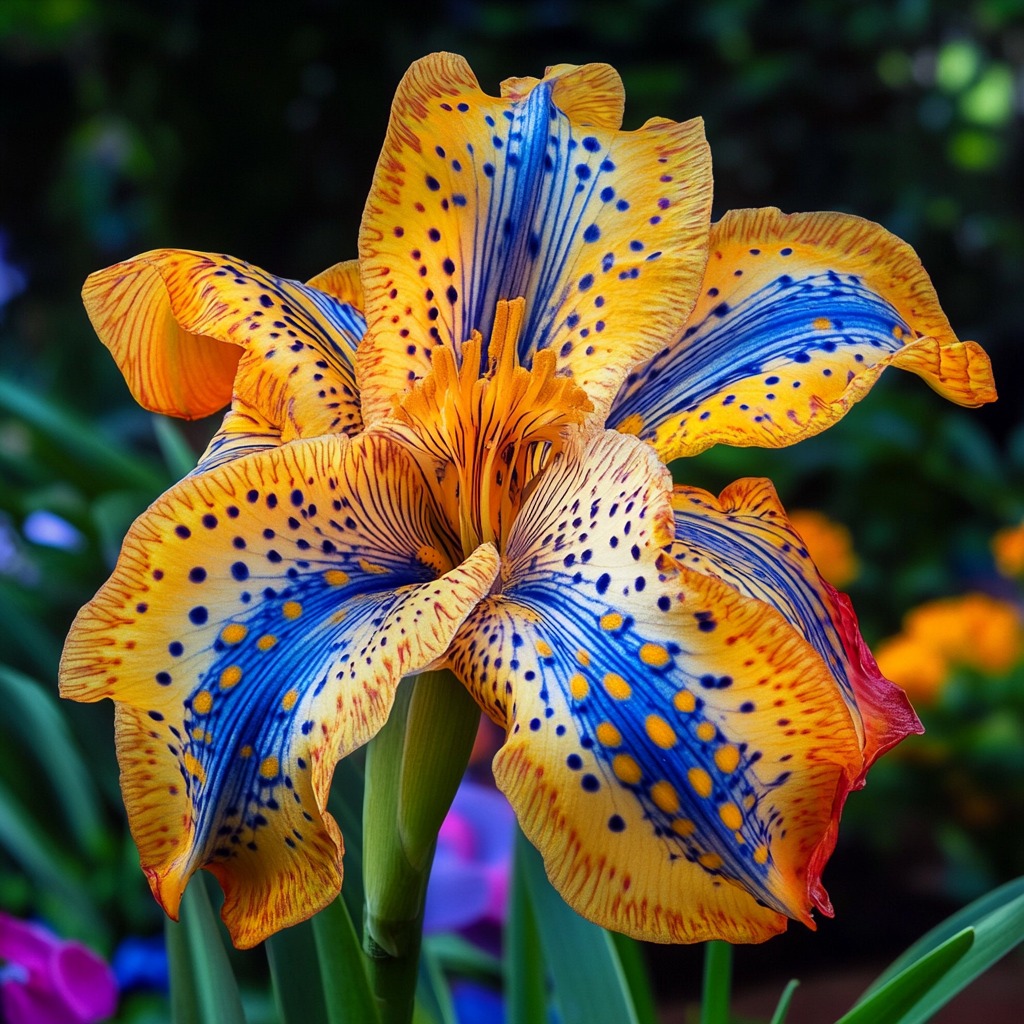 Close-up of orange and blue spotted tiger lily with curved petals in a garden setting